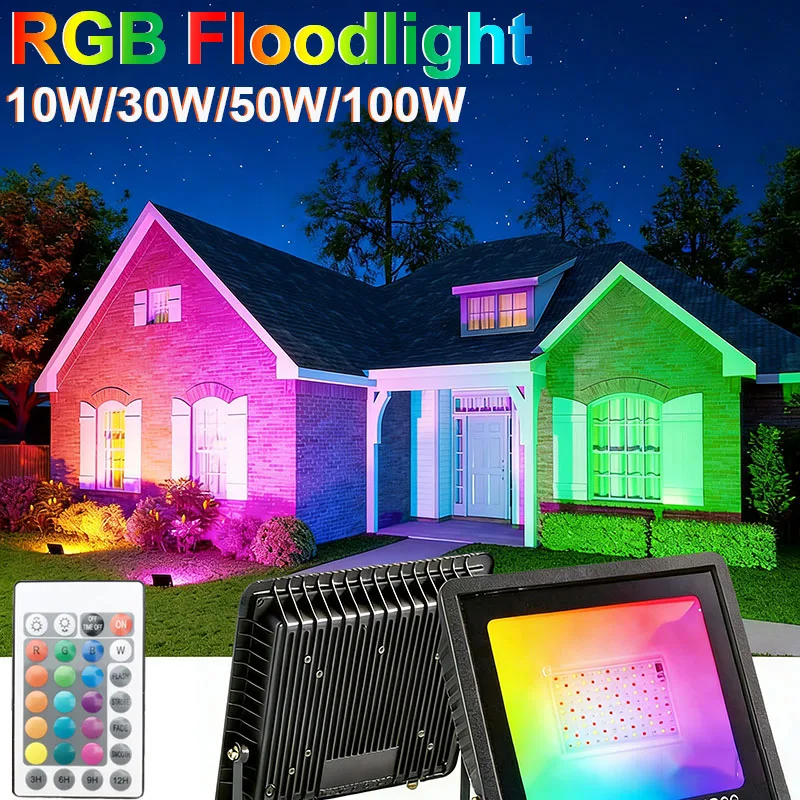 Led RGB Flood Light 10W 30W 50W 100W IP66 Outdoor Floodlight Spotlight 220V/110V Reflector Projector Garden Fountain Decor Lamps