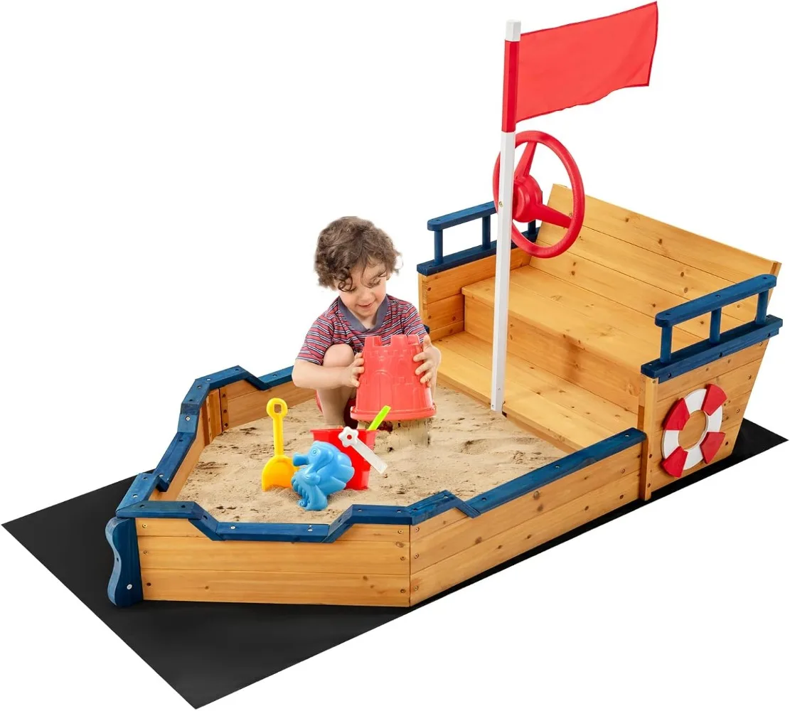 Costzon Pirate Boat Wood Sandbox for Kids, Wooden Pirate Sandpit w/Bench Seat, Storage Space, Ground Liner, Flag Rudder Buoy