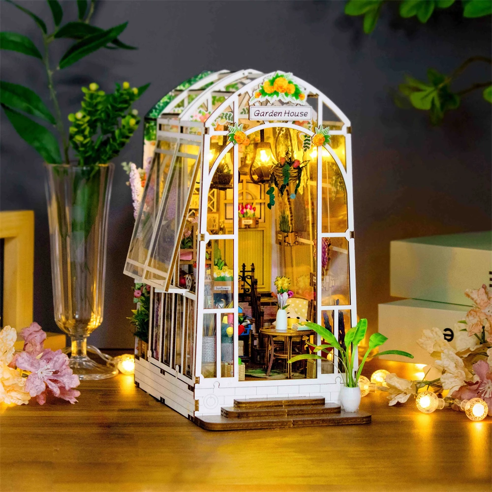 DIY Book Nook Garden House Casa Wooden Miniature Model Kit Bookend Assembled 3D Puzzle Bookshelf for Friends Gifts Home Decor