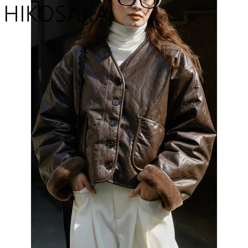 Vintage Fashion V-neck Fur Coat Single Breasted Long Sleeve Loose PU Leather Parkas 2024 Autumn Winter Japanese Warm Jackets