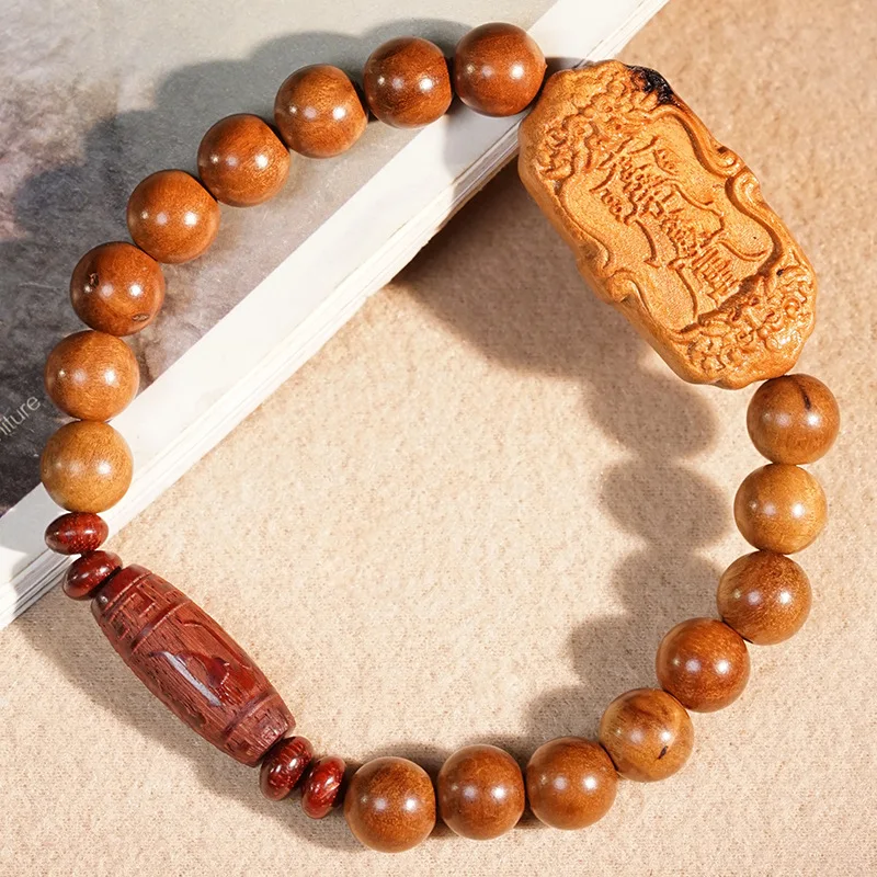 Jujube wood DIY 8mm Tai Sui charm accessory, blood sandalwood Dzi bead carved bracelet, Buddhist beads, wooden string p