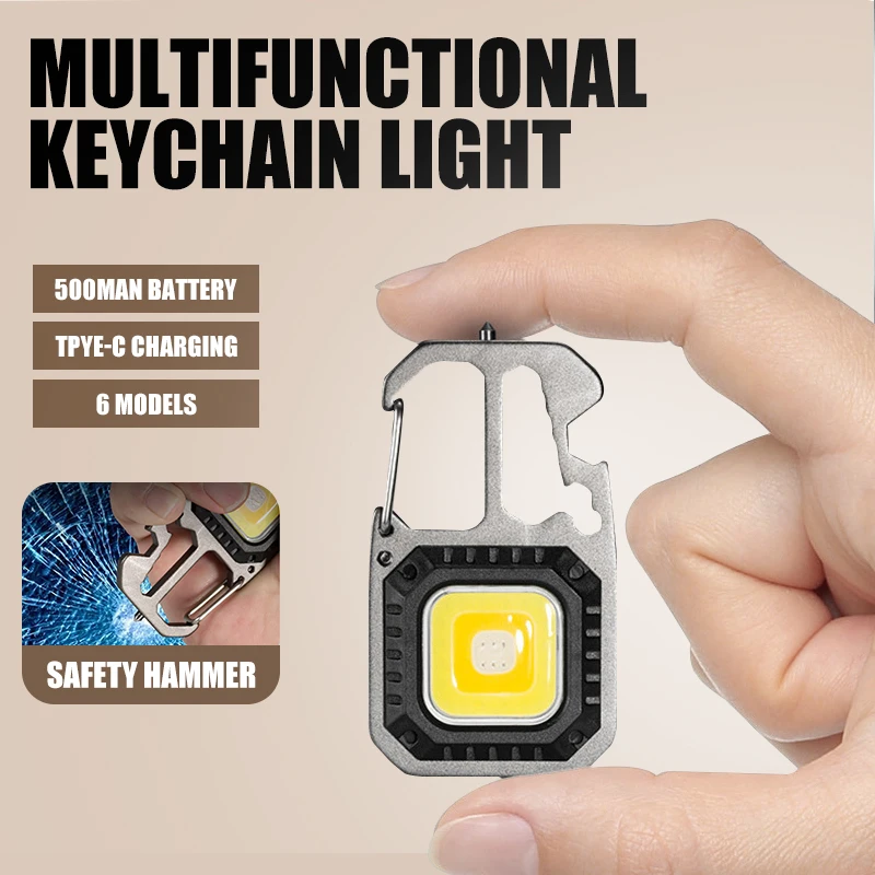 LED Portable Keychain Flashlight Outdoor Camping COB Work Light Emergency Lighting With Window Hammer Bottle Opener Lamp