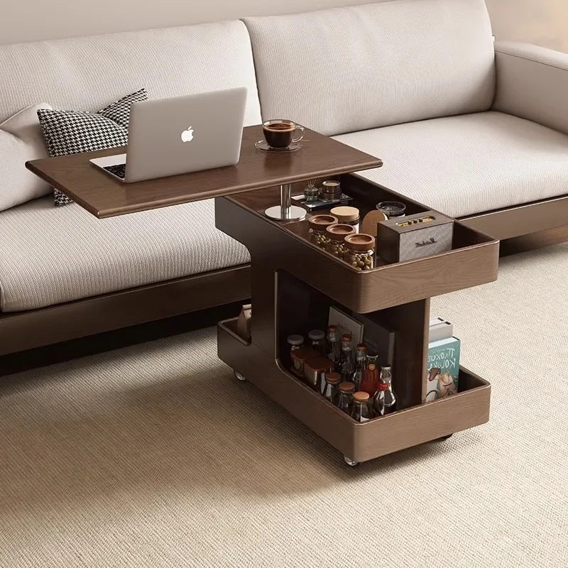 

All solid wood movable side few household small apartment lifting coffee table living room side cabinet