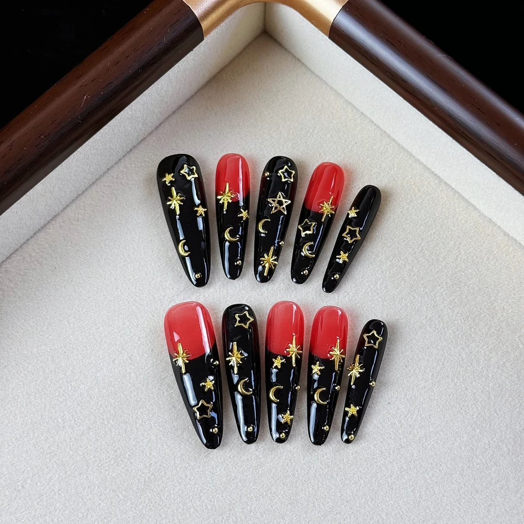 10pcs High-end Dark and sweet-cool style, hand-painted star and moon design, red and black color contrast handmade fake nails