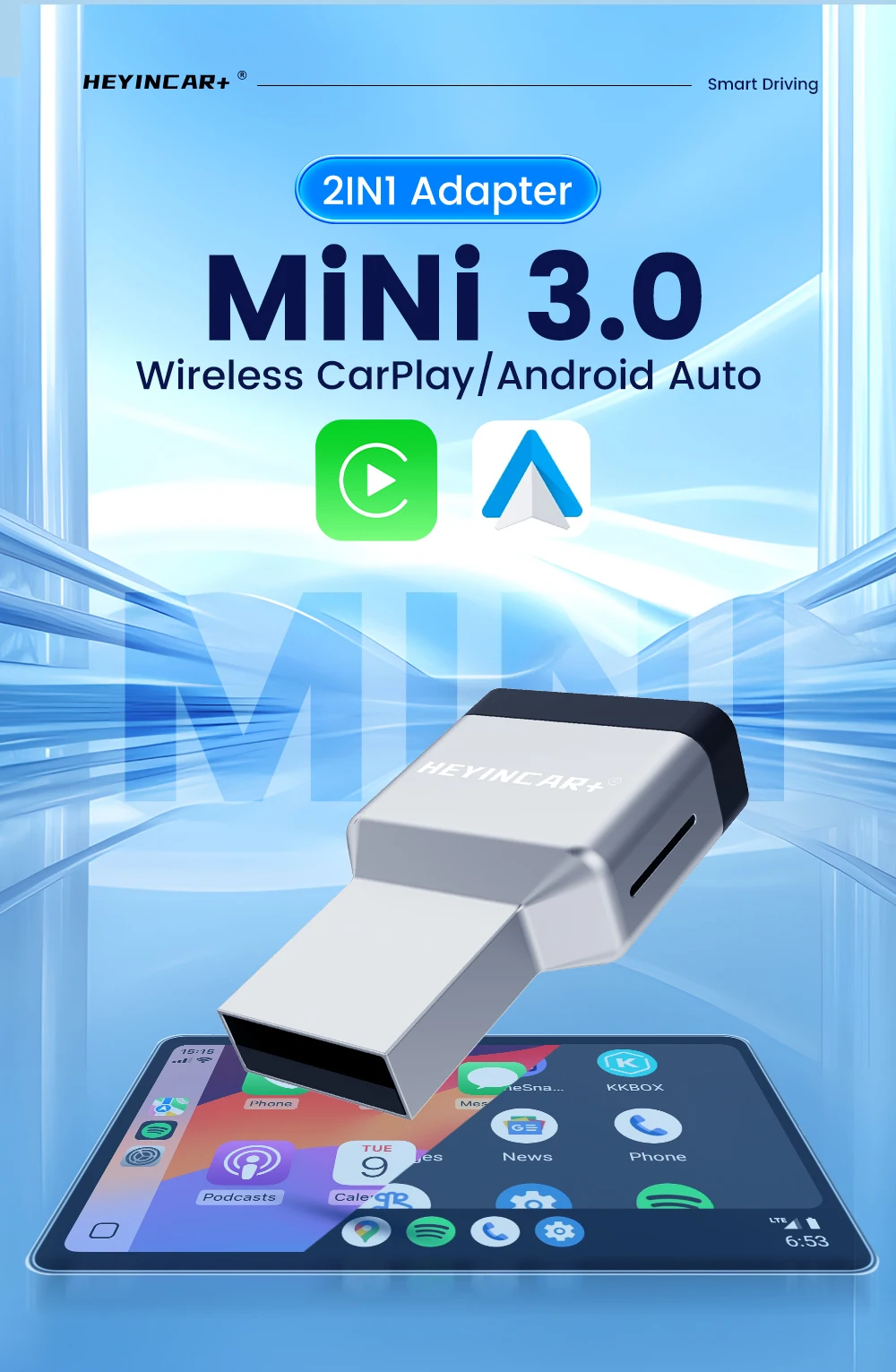 HEYINCAR Mini Air 2-in-1 Kabelloser CarPlay Android Auto Adapter 5,8GHz Plug-and-Play Dongle für Kabelgebundenes Carplay und Android Auto – Detail 1
