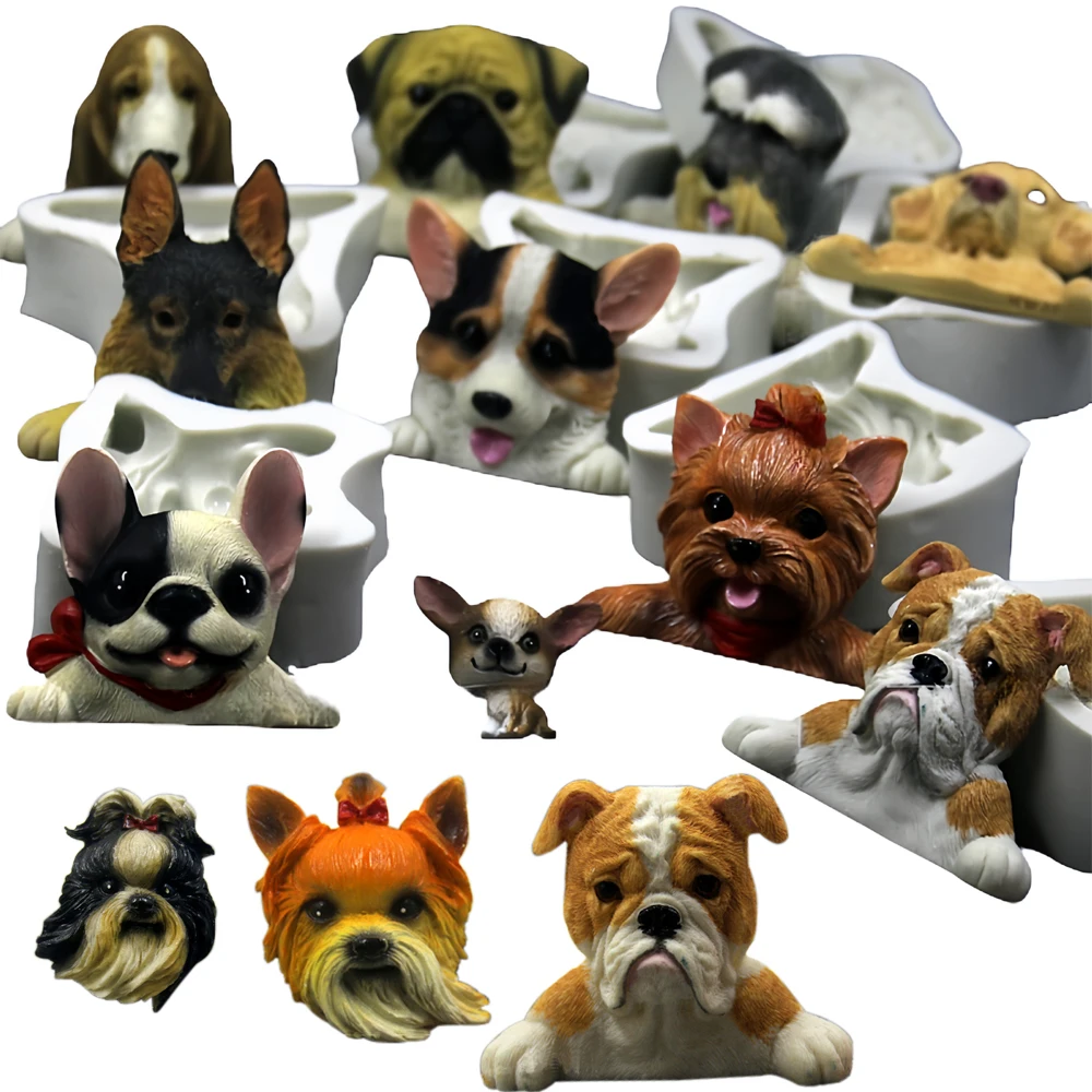 Molde de silicona decorativo de perros de azúcar con tapa grande, Husky Teddy corgi Bullfight, arcilla de cerámica múltiple, piruleta, moldes de Chocolate