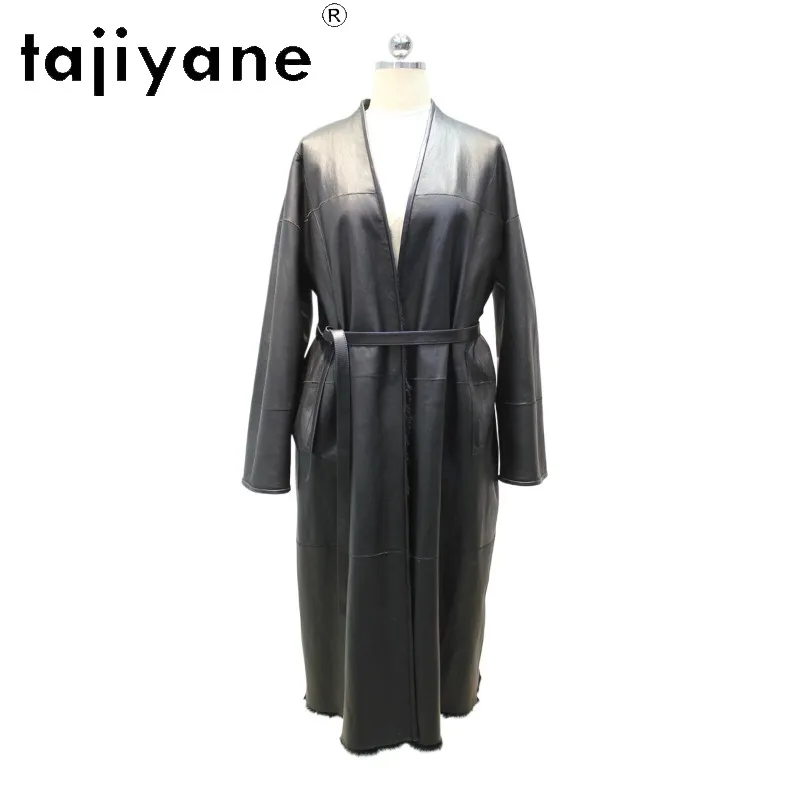 TAJIYANE Real Huyang Lamb Shearling Real Fur Coat Women Thin Outerwear with Belt Overcoat Long Robe‑Style Fur Jacket 115cm Шуба