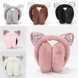 2024 New Sequin Plush Winter Warm Earmuffs Women Girls Cat Ears Fluffy Earflap Warmers Outdoor Earmuffs Fluffy Earflap Headband