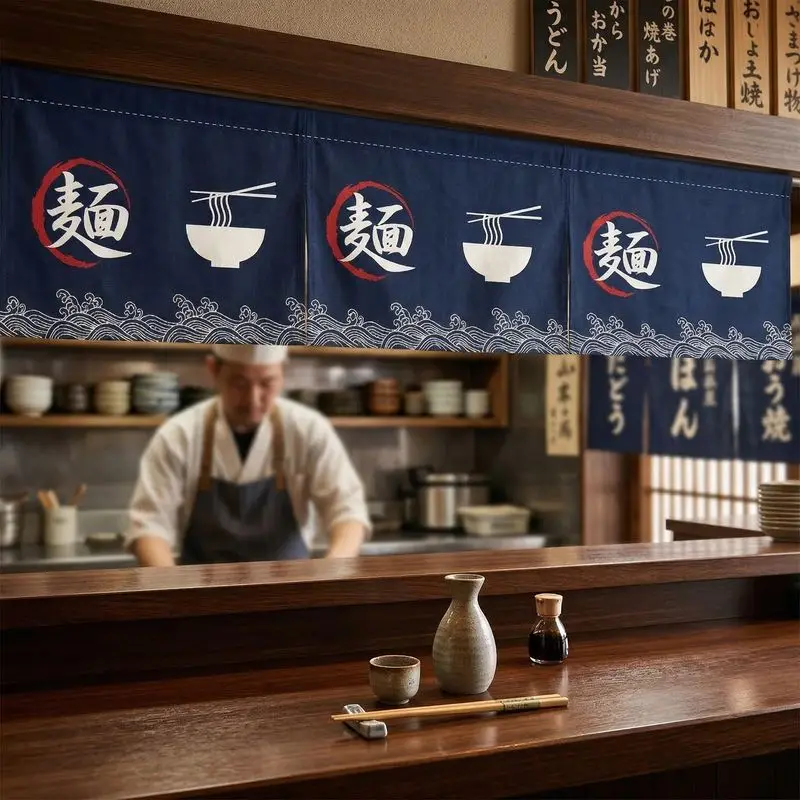VIKAMA Noodle Bowl Waves Noren Curtain Hanging for Sushi Ramen Bar Shop Doorway Traditional Cozy Aesthetic Home Decor
