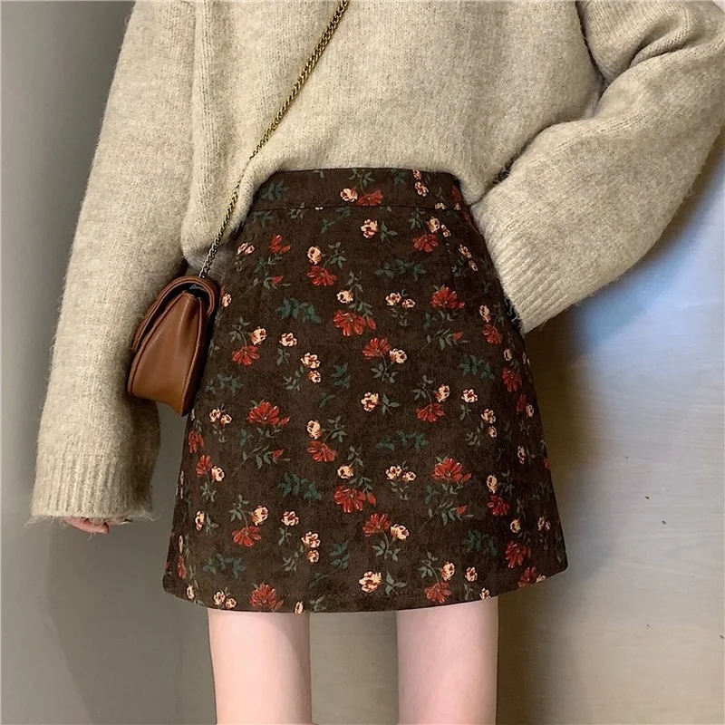 Women Korean Harajuku Elastic Pencil Skirts Floral Print Vintage Summer High Waist Zipper Elegant Plus Size Chic Lady Mini Skirt