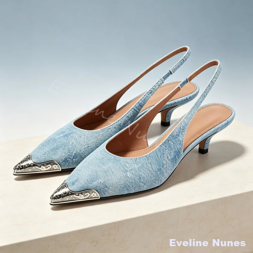 Metal Pointed Toe Kitten Heel Denim Pumps Women Light Blue Retro Back Strap Ladies Dress Shoes Wedding Party Office Daily Sandal