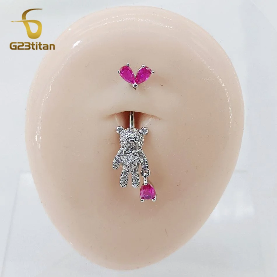 Y2K Pink Heart Bear Floating Navel Ring Bling CZ Animal Belly Piercing 14G Titanium Barbell Hottie Body Jewelry Beach Accessory