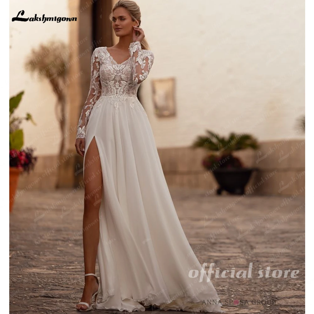 

Lakshmigown Long Sleeve Lace Boho V Neck Chiffon Wedding Dress for Women 2024 Open Back Bridal Gown robe de soirée de mariage