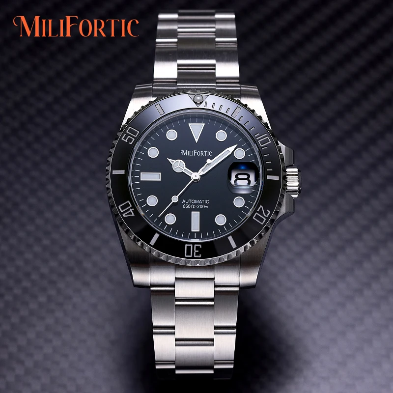 Milifortic 40mm Dive Watches Man D100 Sunburst Enamel Dial 200M Waterproof Stainless Steel Bracelet NH35  Luxury Sports Watch