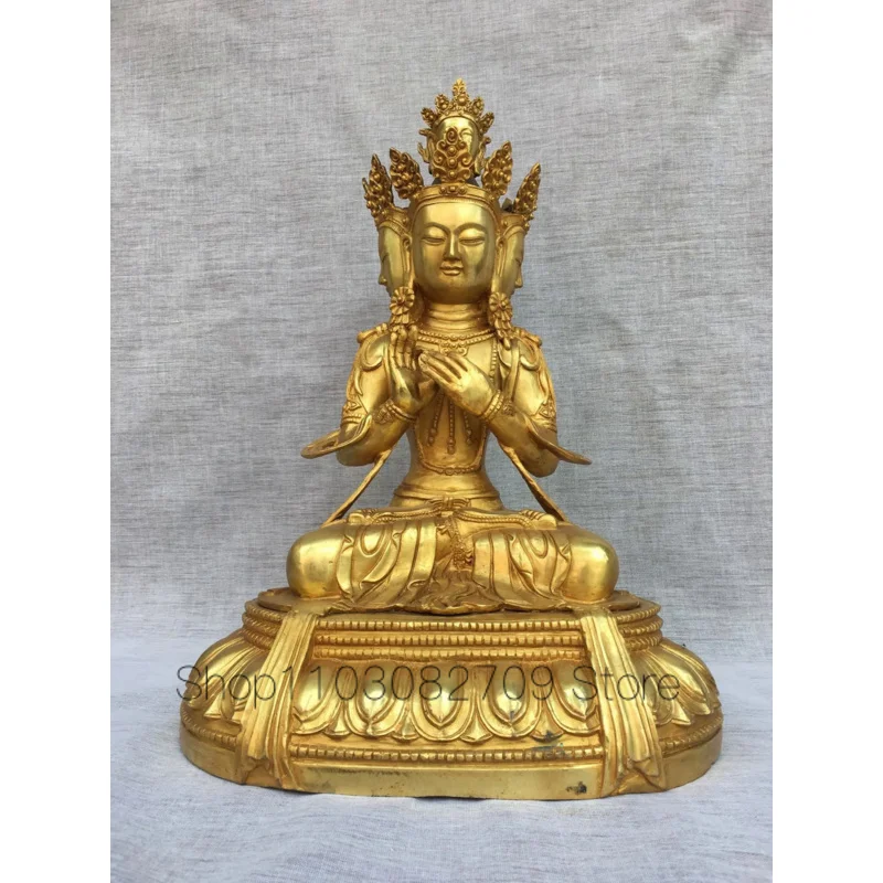 48cm Tibetan Pure Copper Painted Face Gilded Triple Face Tara Guanyin Tara Buddha Statue