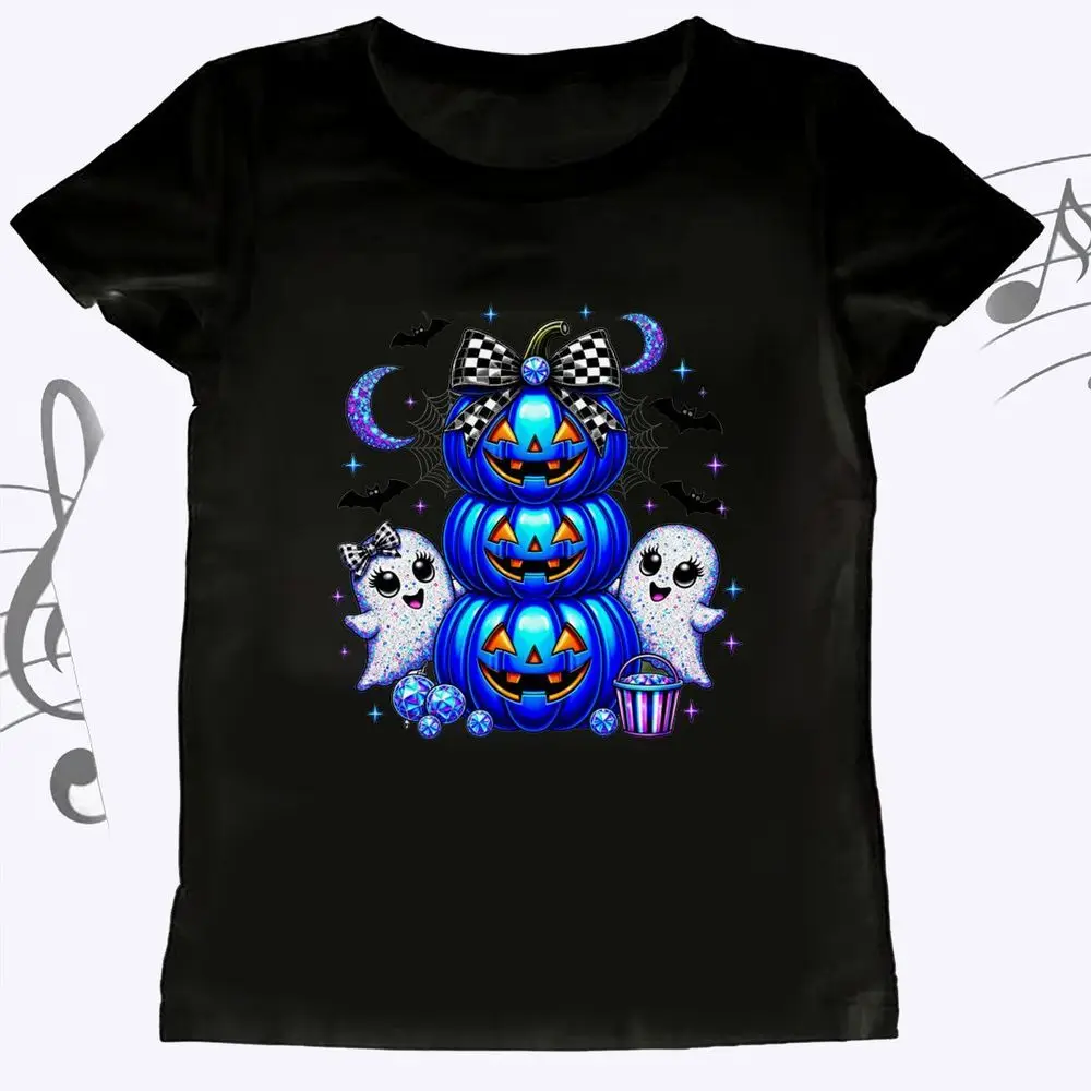 Blue Halloween Pumpkin Ghost Graphic T-Shirt Women Kawaii Bat Moon Print Short Sleeve Casual Harajuku Female Aesthetic Y2k Tops