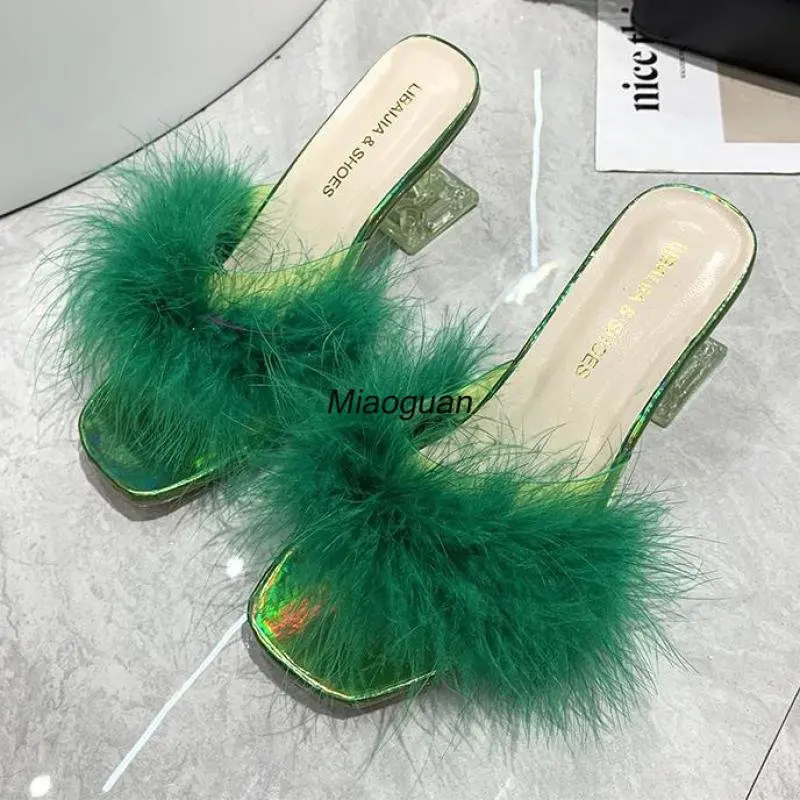 New Summer Fluffy Peep Toe Sexy High Heels Women Shoes Fur Feather Lady Fashion Slip on 2023 Designer Lady Indoor House Slippers