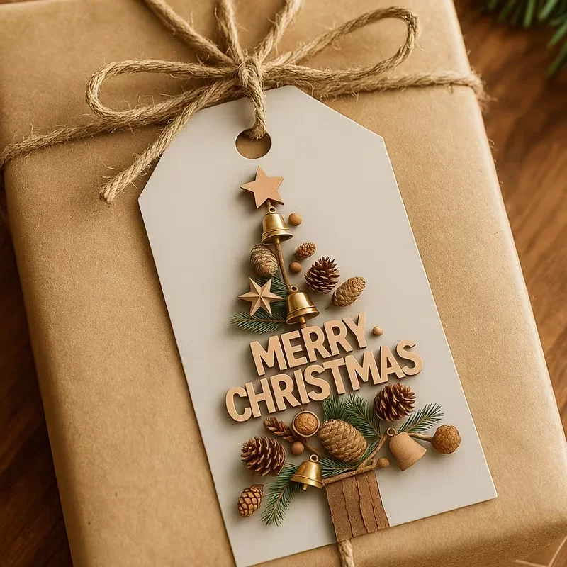 48pcs 2D Christmas Gift Tags with Jute Twine - Elegant Wood Grain Texture with Pinecone and Bell Silhouettes, 