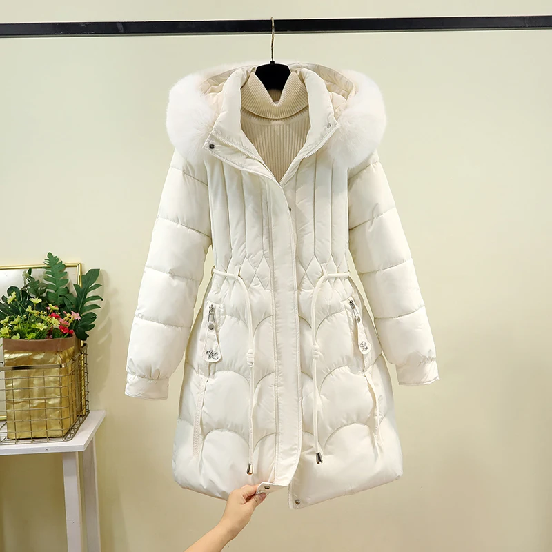 

Women's Winter Thiened Cotton Jaet Mid-Length Belted Slimming Fur Collar Warm Coat with Detachable Hat Korean Sle