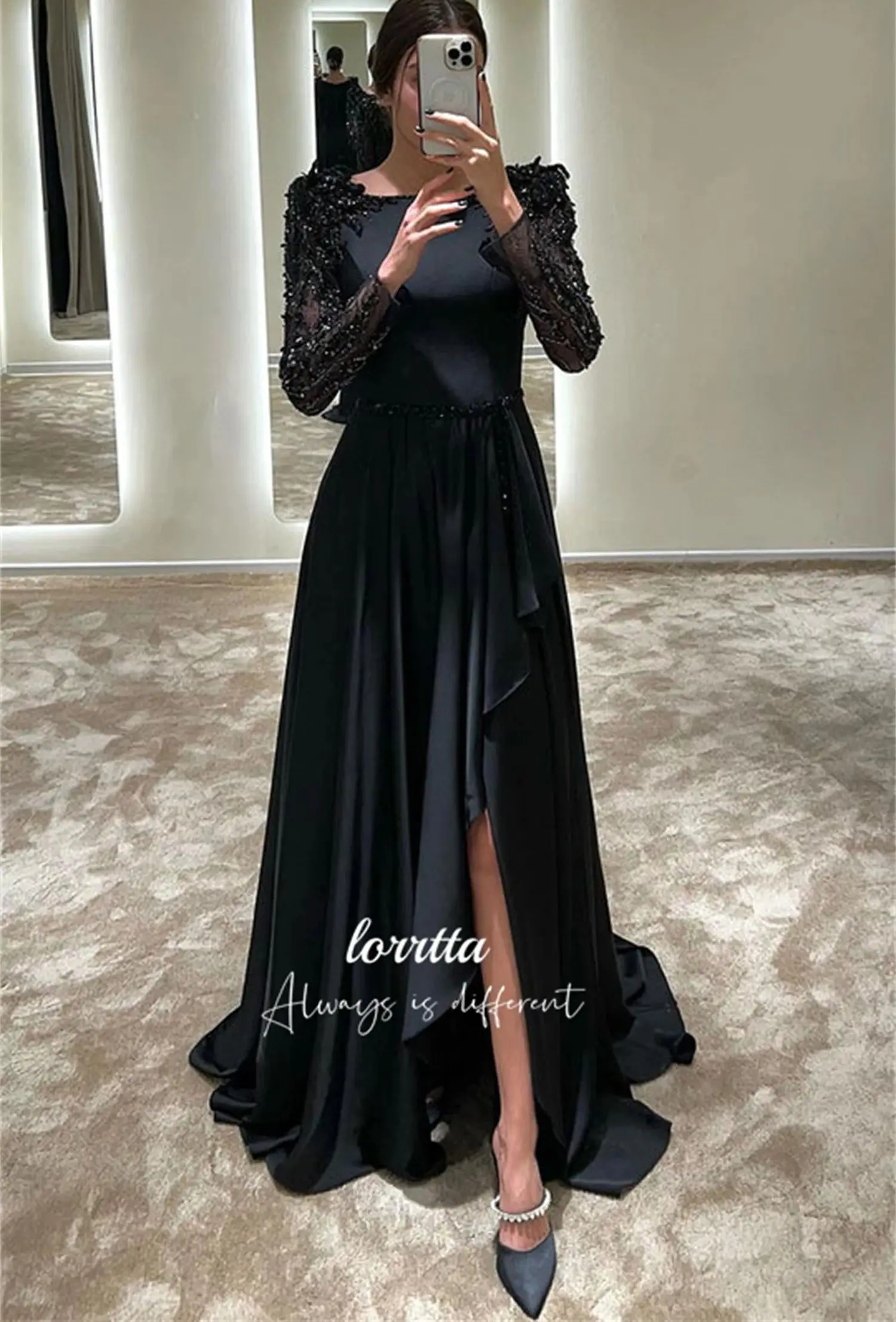 Luxuoso vestido de noite cetim preto elegante grânulo bordado decoração vestidos internacionais com mangas compridas formal personalizado