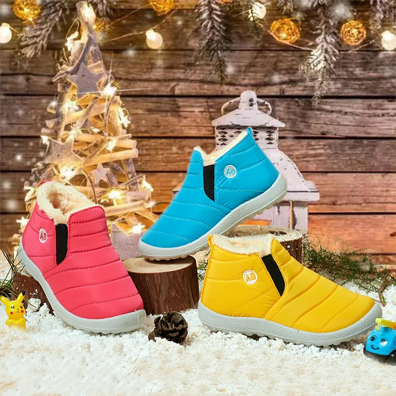 Winter Children\'s Cotton Shoes Plush Warm Snow Boots Non-Slip Waterproof Fashion Kids Shoes Boys Girls Solid Slip on Sneakers