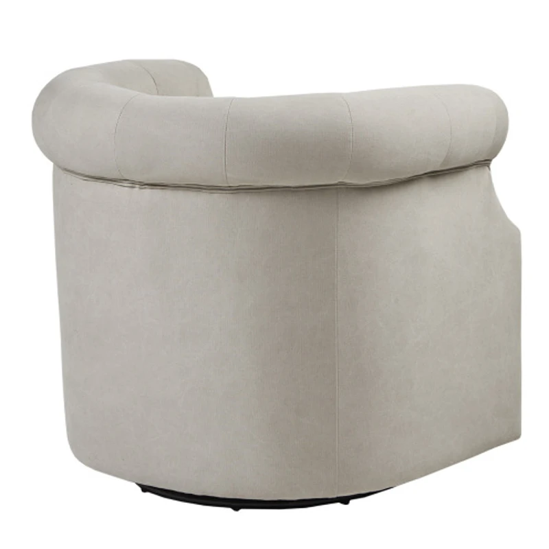 Owen Transitional Swivel Chair - Beige Linen-Like Fabric, Low Barrel Back with Button Tufting, Bronze Nail Heads, 360° Swivel