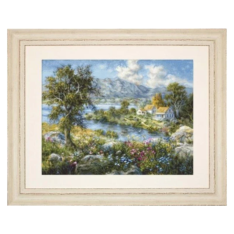 Enchanted Cottage, Amishop Counted Canvas Cross Stitch Kits, Lakeside Village, Forest, Mountain, Embroidery, Luca-S B615