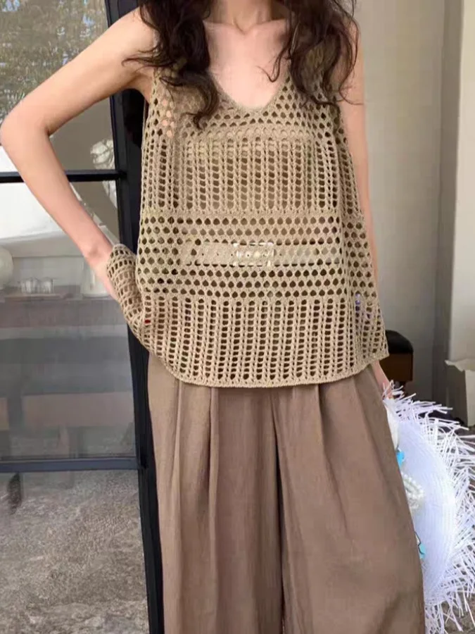 

Женский вязаный ажурный жилет, лето 202, новый свободный дизайн с V-образным вырезом, модный и один