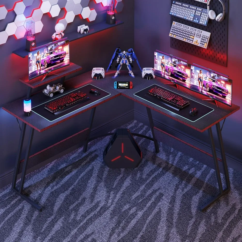 L Shaped Gaming Desk, 51 Inch Computer Corner Table with Large Monitor Stand & Carbon Fiber Surface for Home Office Study Writin
