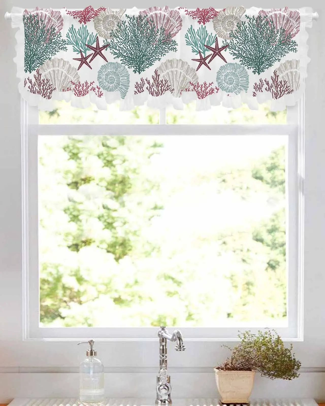 Ocean Coral Shell Starfish Short Tulle Half Curtains for Living Room Kitchen Door Cafe Window Sheer Valance Drapes