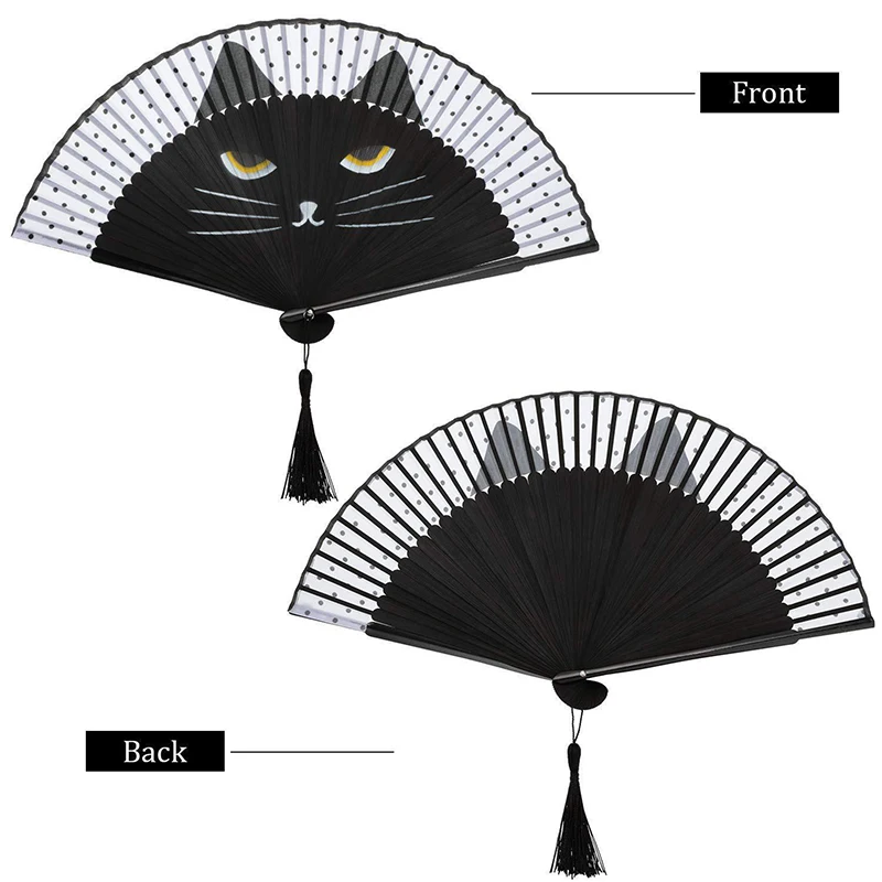 1 Stuk Kat Patroon Bamboe Opvouwbare Ventilator Voor Vrouwen Leuke Cartoon Kat Hand Fan Kimono Badjas Hand Fan Ambachten Decoratie