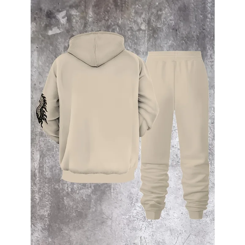 2023 весна и осень, новый мужской обычный комплект с капюшоном, повседневный комплект из 2 предметов с 3D молочно-желтым узором в виде головы дракона и принтом