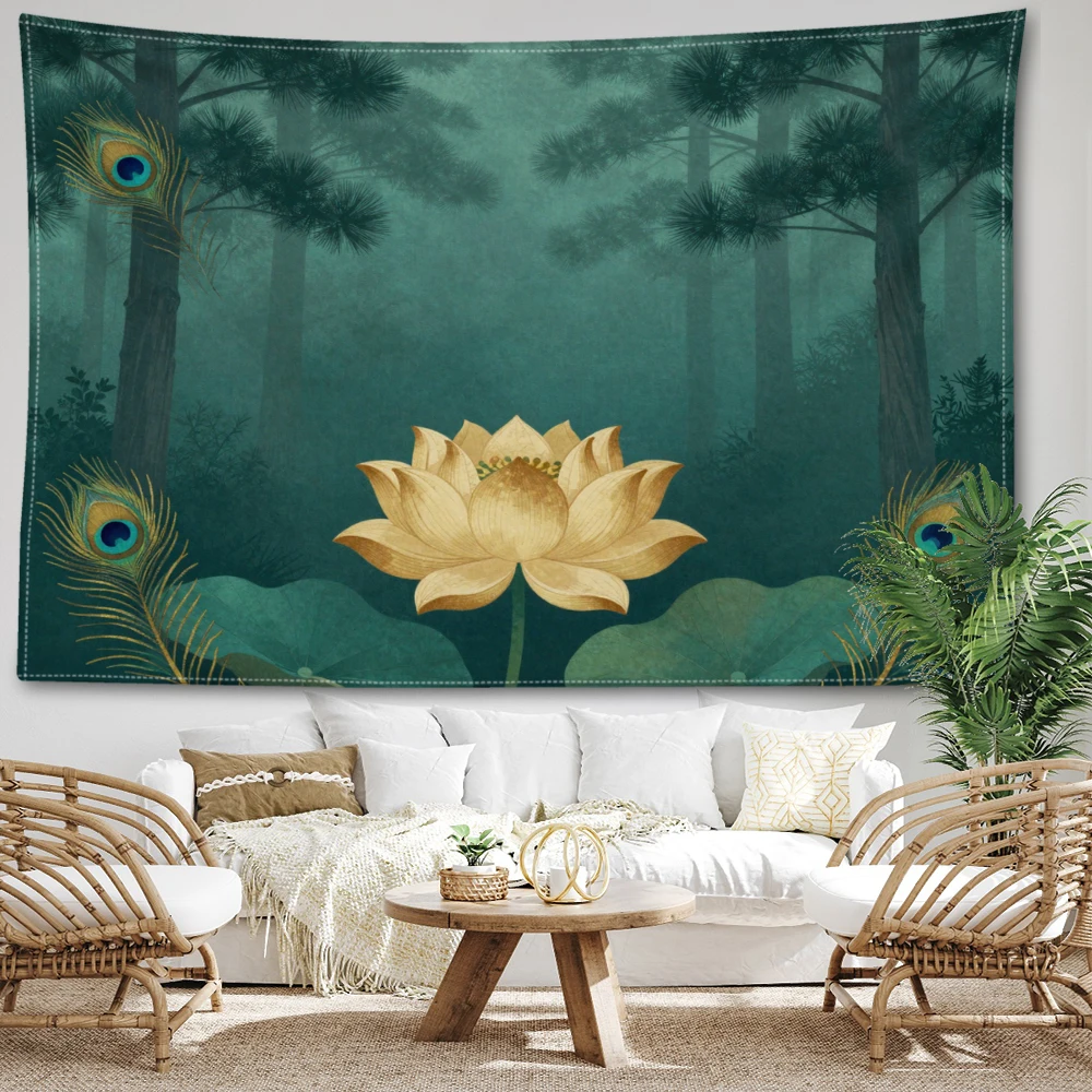 Teal Misty Pine Golden Lotus Peacock Feather Wall Tapestry, Symmetrical Boho Decor
