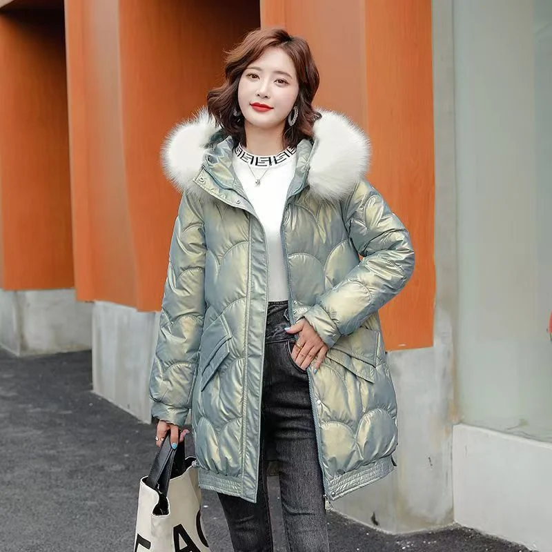 Bright Wash-free Cotton-padded Coat Women's Winter 2024 New Cotton-padded Big Fur Collar Thickened Fashion Of The Long Coat Tide