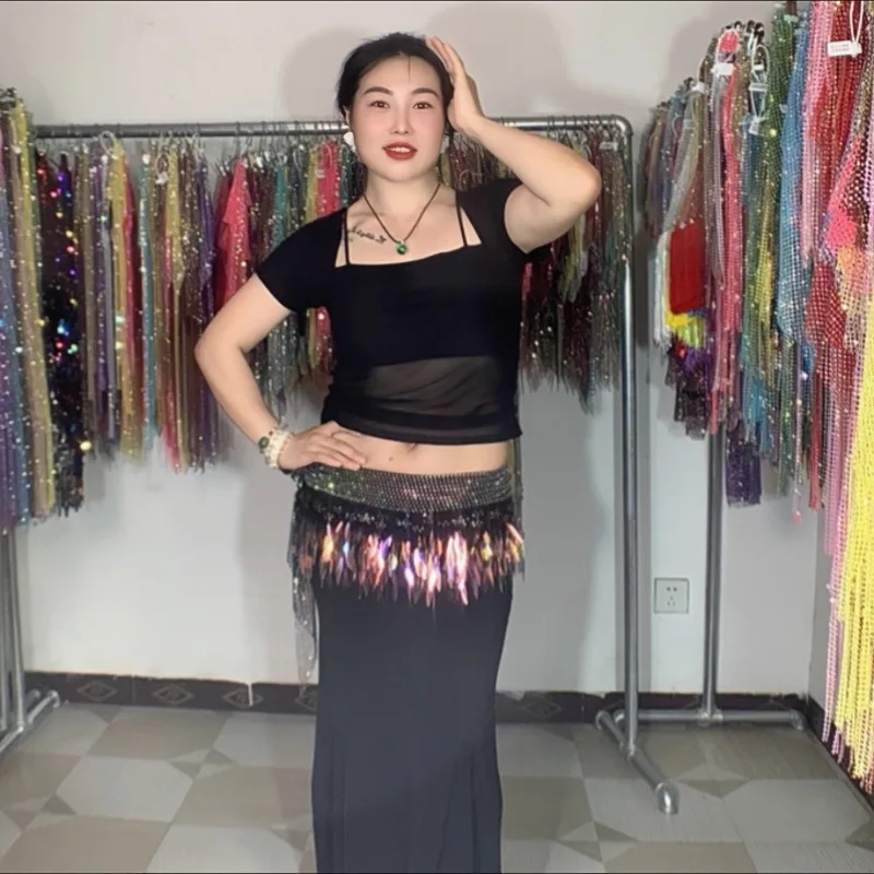 Customized New Belly Dance Belt Hip Scarf Xinglan Illusion Color Pure Handmade Butt Curtain Indian Dance Waist Chain Beginner