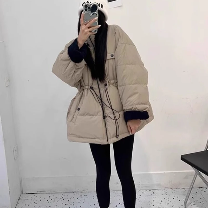 

Green Lapel Cotton Clothes for Women's 2025 Winter New Loose Drawstring Waist Medium and Long Thickened Coat