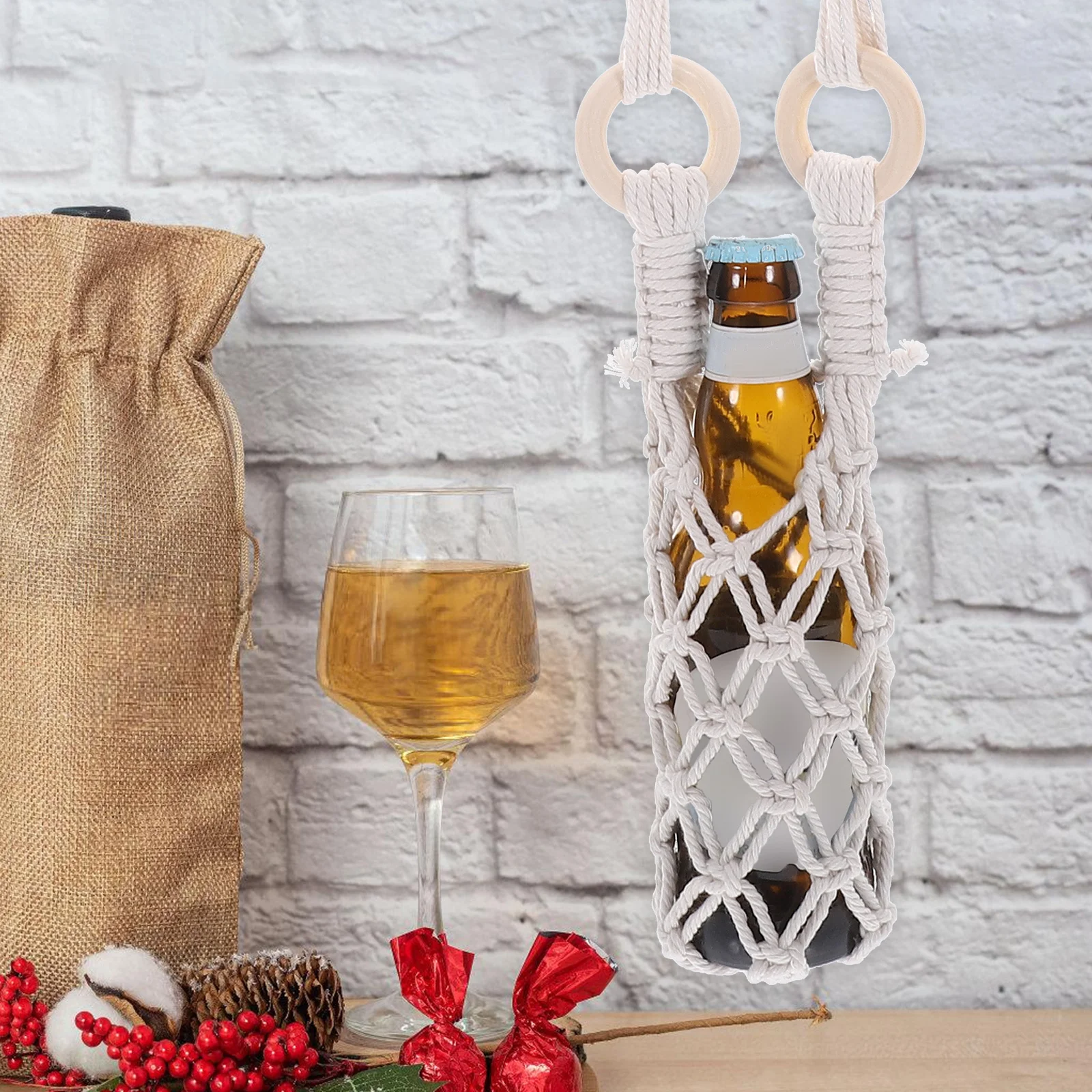 

2Pcs Wine Storage Bag Cotton Rope Hanging Wine Bottle Holder Rustic Hand-Woven Net Bag Adjustable Length Wall Decor Kitchen