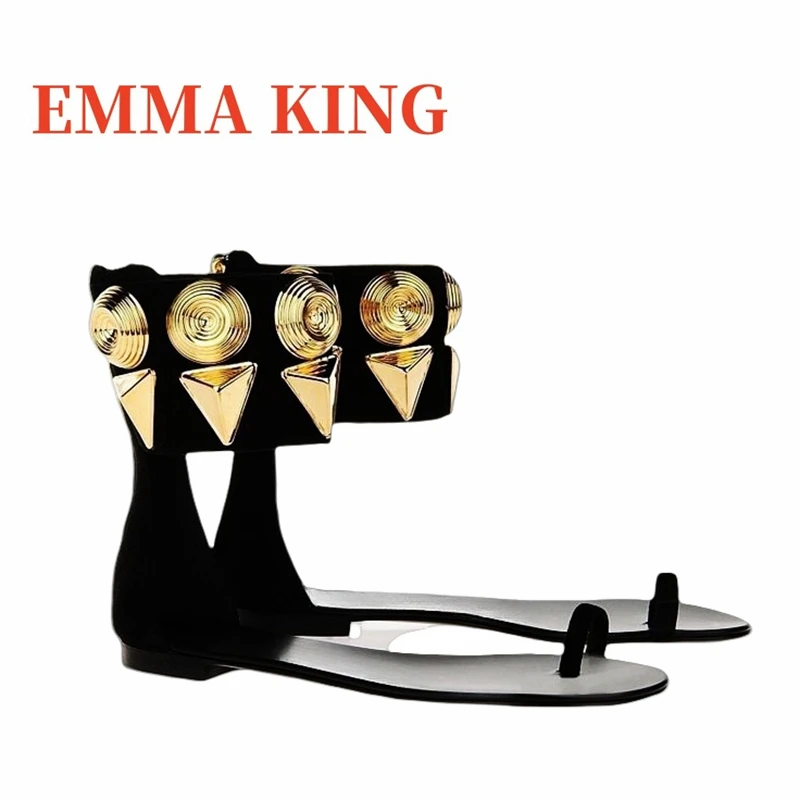 الذهبي برشام معدني الصنادل المسطحة المفتوحة تو الكاحل الأشرطة الصنادل عودة زيبر الصلبة الصيف أحذية الحفلات الراحة صنادل شاطئ مسطحة 44