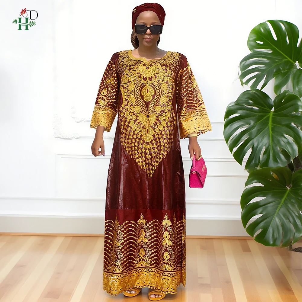 For Women African Dresses Bazin Riche Gold Embroidery Dress Purple Boubou Traditional Gown For Wedding Party Occasions Djellaba