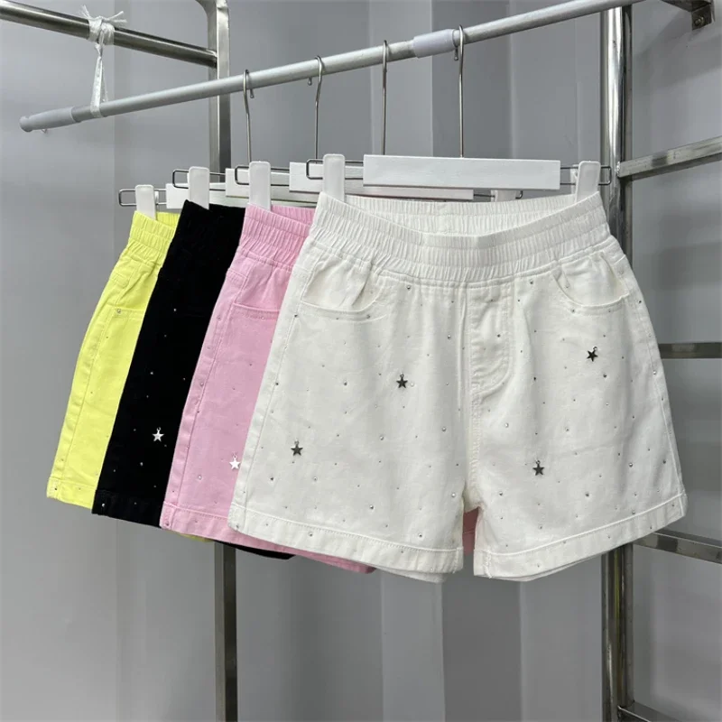 

Candy Color Water Diamonds Beads Women Denim Shorts Elastic Waist Loose Wide Leg Jeans 2024 New Spring Summer A-line Hot Shorts