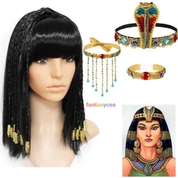 Pelucas negras de reinas de Egipto, peluca de Cosplay de Cleopatra egipcia con diadema de serpiente, accesorios, tocado de diosa egipcia, disfraces