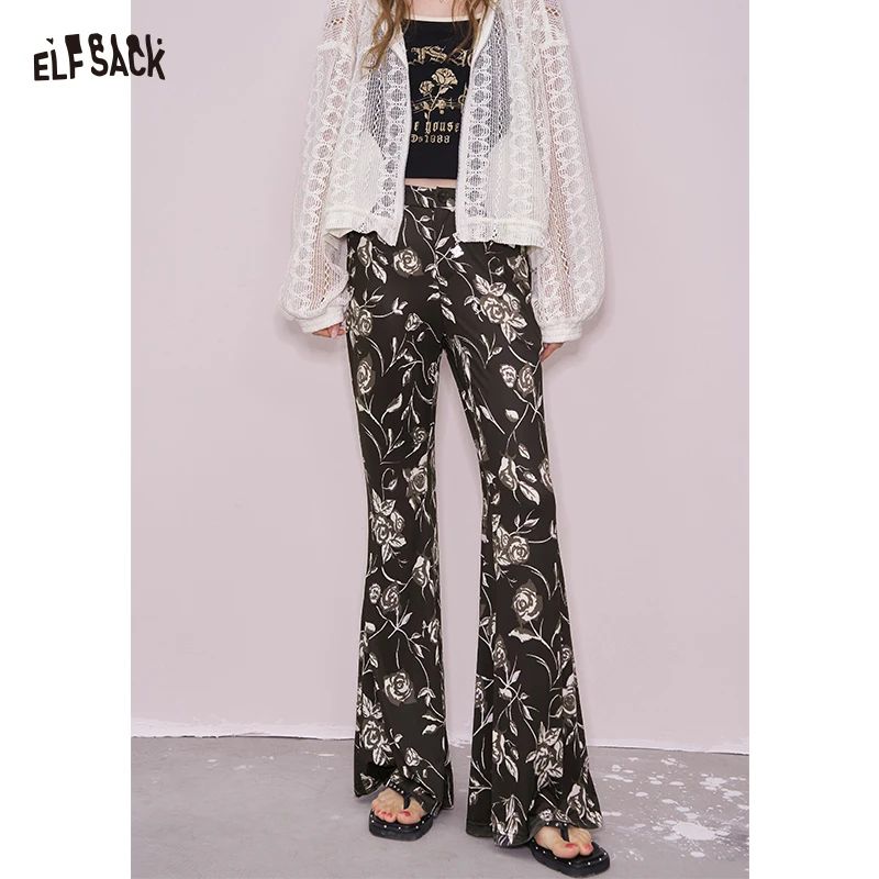 

ELFSACK 2025, Новое поступление лета, винтажные черные расклешенные брюки с цветочным принтом, облегающие брюки в стиле ретро с высокой талией для женщин