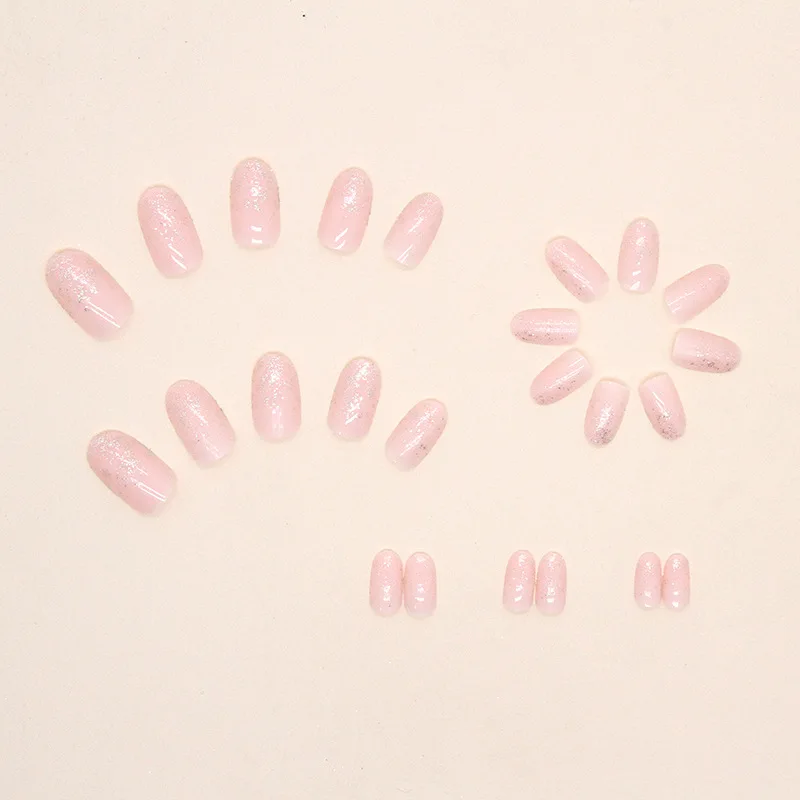 24Pcs/Set Simple Pink Wearing False Nail Tips Glitter Silver Powder Embellishment Acrylic Fake Nail Art Removable Press on Nails