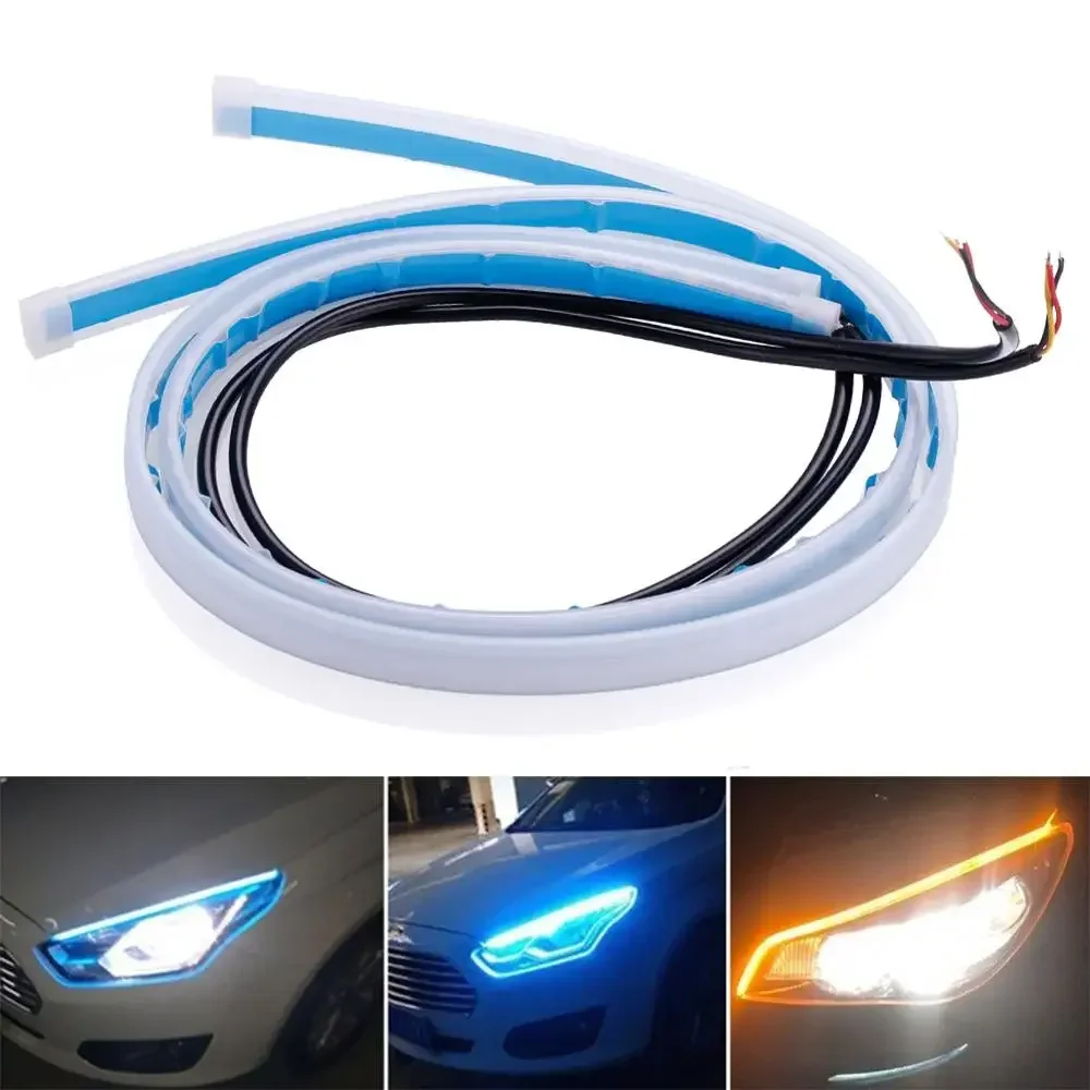 2 Stück 12V LED DRL Auto-Tagfahrlicht Flexibler Wasserdichter Streifen Auto-Scheinwerfer Weiß Blinker Gelb Bremslicht Fließende Lichter