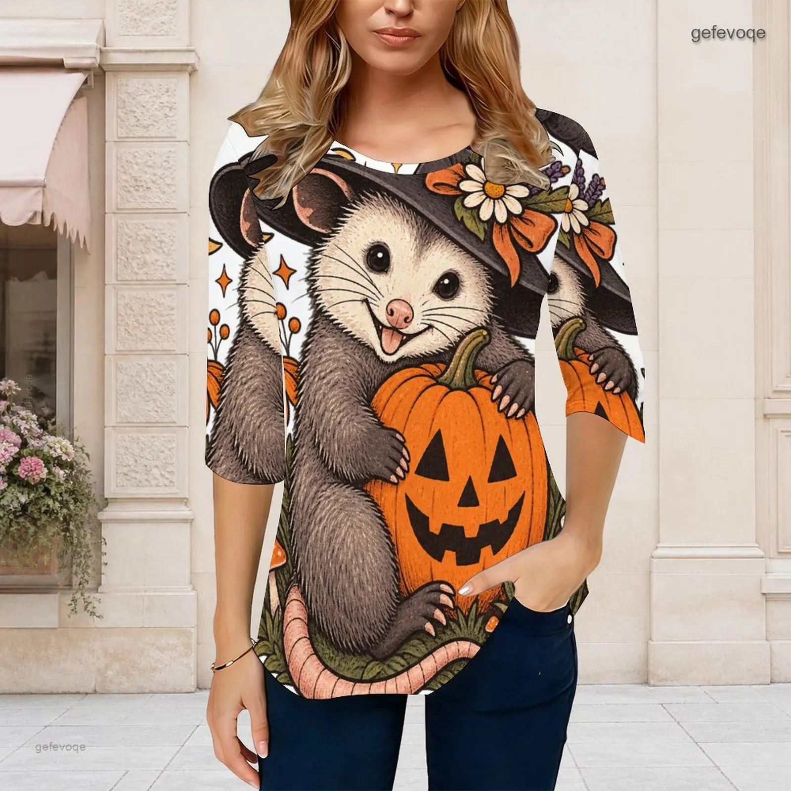 Women Round Neck 3/4 Sleeve Casual Top, Cute Ghost Goat Floral Pumpkin Printed Curved Hem Blouse