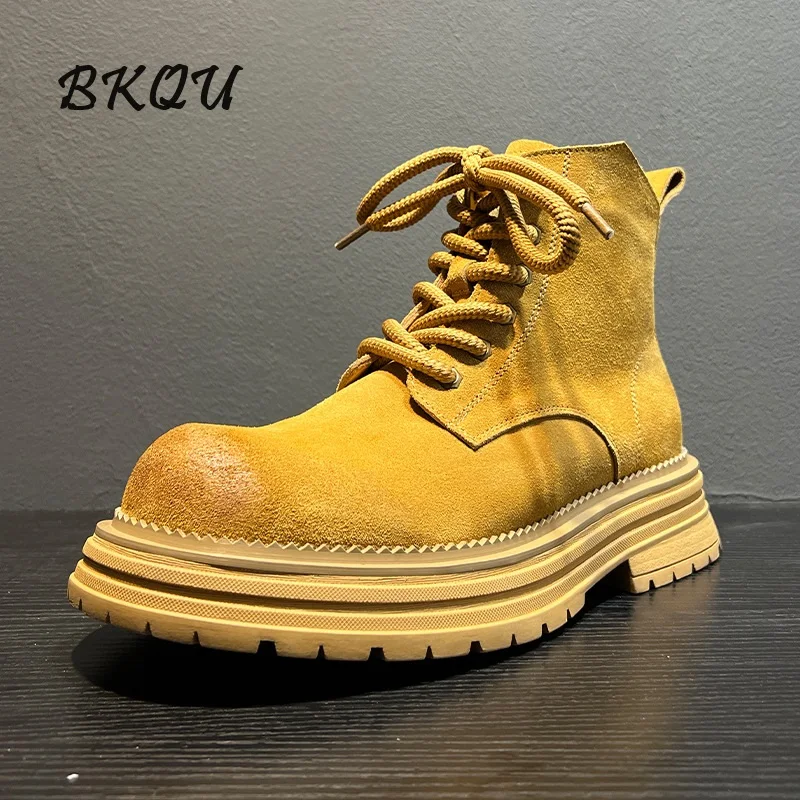 

BKQU Men's Yellow Basic Derby Shoes 2024 Autumn New Trend Lace-up Locomotive British Style Retro Tooling Short Boots