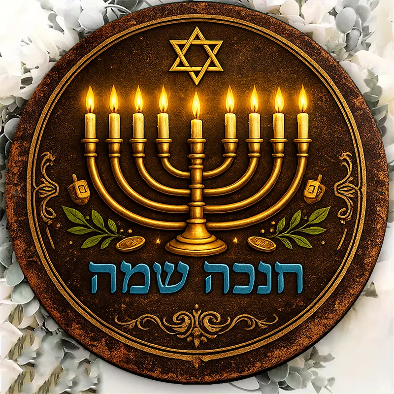 CIFBUY Vintage Hanukkah Menorah Aluminum Wall Art Waterproof Wearproof 2D Flat Round Metal Sign Home Dining Room Kitchen Decor