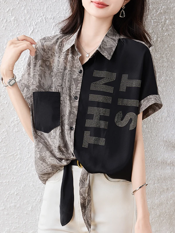 

Faionable Versatile plus Size Women's irt Summer 2025 Loose Fit Collar Top Slimming Patchwork Printed ort Sve