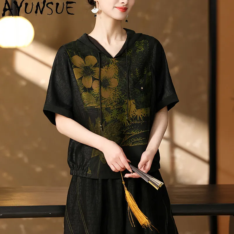 AYUNSUE 100% Real Mulberry Silk Coats Women Xiangyunsha Short Sleeved Women Clothing Summer Hooded Tops for Women 2026 Casacos