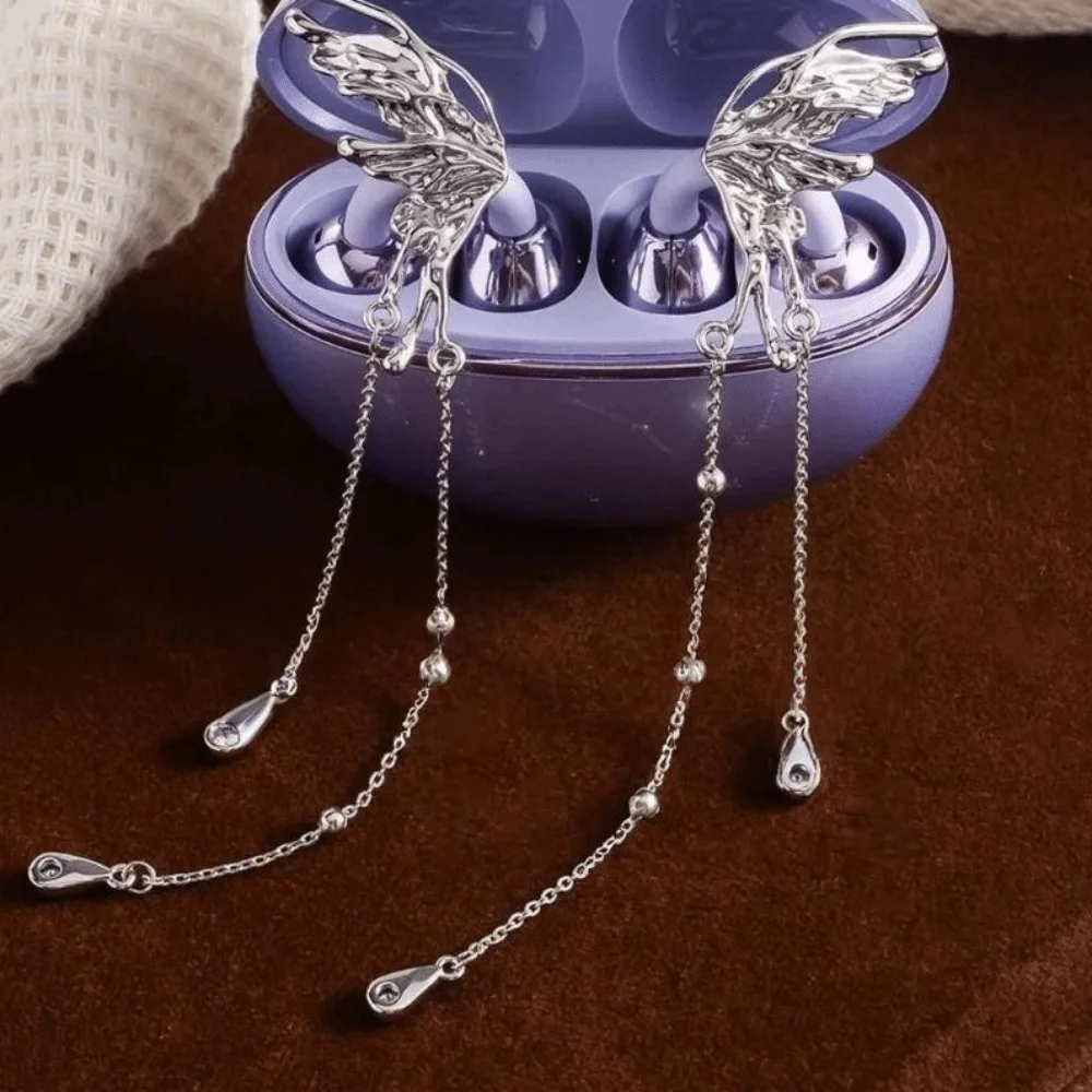 Creative Butterfly Earphone Clips Silver Artificial Crystals Headphone Accessories Tassels Two Pieces Set Earphone Decorations